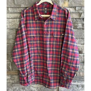 Dickies Button Up‎ Shirt Men's 2XL Red Plaid Long Sleeve Shirt Work Warm